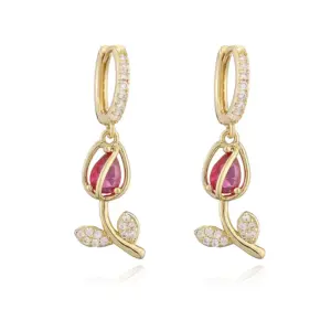 Gold Rose Red Diamond Tulip Earrings 1 Pair