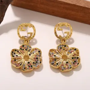 Wholesale Hypoallergenic Flowers Drop Earrings For Women In Copper With KC Golden Plated UV Plating And Rhinestone Inlay