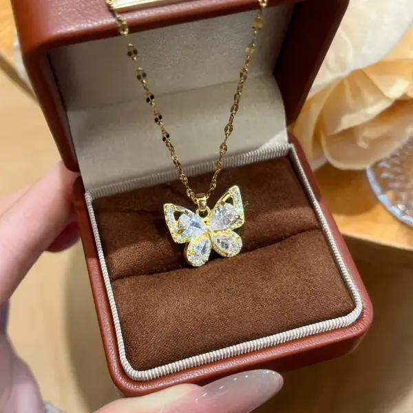 Wholesale Butterfly Necklace For Women With Claw Setting, 304 Stainless Steel, Golden Plated Water Plating, Zircon Inlay, Cable Chain