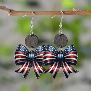 Wholesale Retro White Wood Bow Tie Print Drop Earrings For Women With 304 Stainless Steel Ear Pins