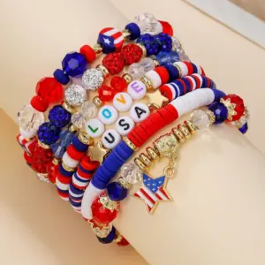 Wholesale American Independence Day Bracelets Set Soft Clay Letter Beads Flag Pattern Unisex Original Design Bracelets For Men And Women