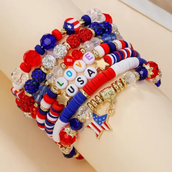 Wholesale American Independence Day Bracelets Set Soft Clay Letter Beads Flag Pattern Unisex Original Design Bracelets For Men And Women