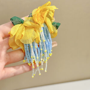 Fabric yellow petal blue pearl tassel earrings
