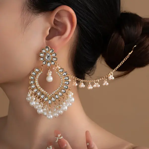 Wholesale Luxury Teardrop Rhinestone Pearl Tassel Earring Set With Chain For Women Ethnic Style Personality Jewelry Combination - Nihaojewelry