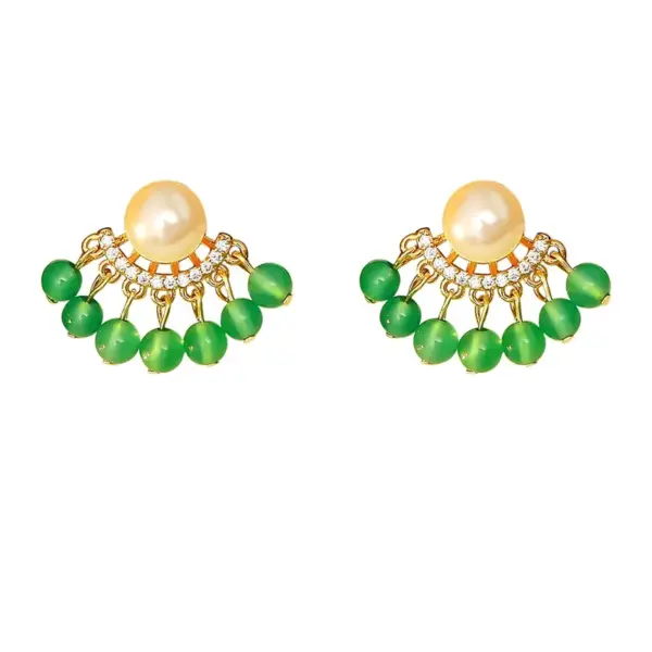 Wholesale Hong Kong Tassel Earrings Green Agate Freshwater Pearl Women's Jewelry Simple Geometric Gold-Plated Copper