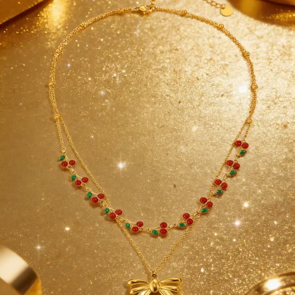 Wholesale Cherry Waterproof Necklace For Women, 304 Stainless Steel With 18K Gold Electroplated And Zircon Inlay, Box Chain