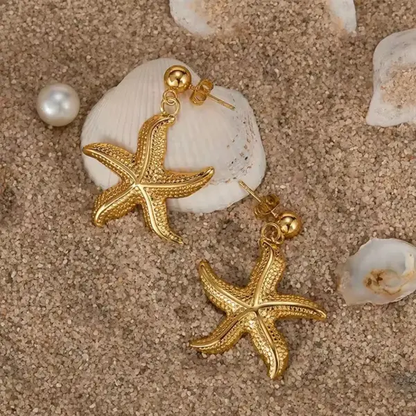 Wholesale Ocean Pattern Tassel Stud Earrings For Women, 304 Stainless Steel With 18K Real Gold PVD Coated Plating, 0.01µm Thickness