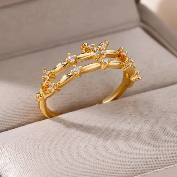 Wholesale 304 Stainless Steel Copper Star Bamboo Butterfly Electroplating PVD Coated Zircon 18K Real Gold Plated Elegant Lady Romantic Star Plating Butterfly Open Rings Rings