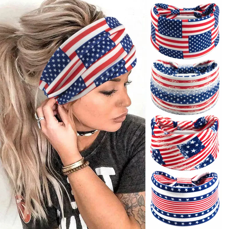Wholesale American Flag Headband Independence Day Wide Headband Stars And Stripes Headscarf Women's College Style Bohemian