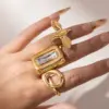 Wholesale Geometric Open Rings For Women In 304 Stainless Steel With Electroplated 18K Real Gold PVD Coating And Tiger Eye Inlay