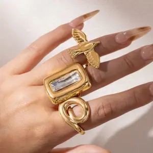 Wholesale Geometric Open Rings For Women In 304 Stainless Steel With Electroplated 18K Real Gold PVD Coating And Tiger Eye Inlay