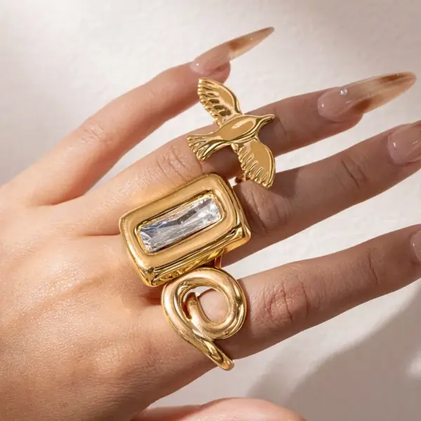 Wholesale Geometric Open Rings For Women In 304 Stainless Steel With Electroplated 18K Real Gold PVD Coating And Tiger Eye Inlay