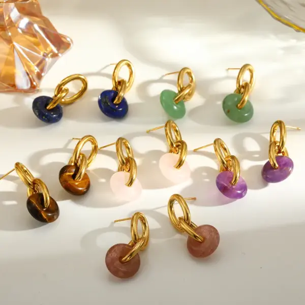 Wholesale Circle Stud Earrings For Women, 18K Gold Plated 0.03µm, Natural Stone, 304 Stainless Steel