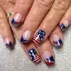 Wholesale Glossy Short Red And Blue Color Block Glitter Striped American Stars 24 Pieces Wearable Nail Art Independence Day Celebration