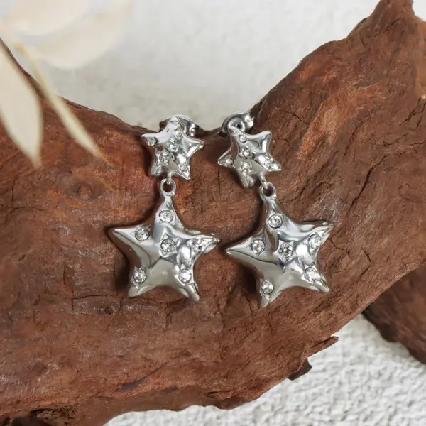 Wholesale 304 Stainless Steel Pentagram PVD Coated Rhinestones 18K Gold Plated Real Gold Plated Luxurious Waterproof Non Tarnish Plating Inlay Earrings