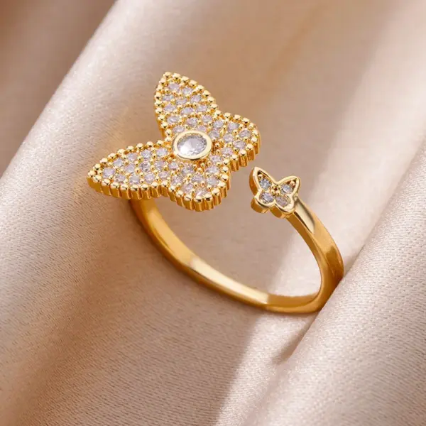 Wholesale 304 Stainless Steel Copper Star Bamboo Butterfly Electroplating PVD Coated Zircon 18K Real Gold Plated Elegant Lady Romantic Star Plating Butterfly Open Rings Rings