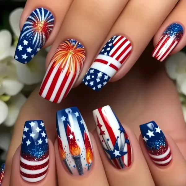 Wholesale Nail Stickers Blue Series Independence Day Grid Retro Square Fake Nail Decoration Metal Stars
