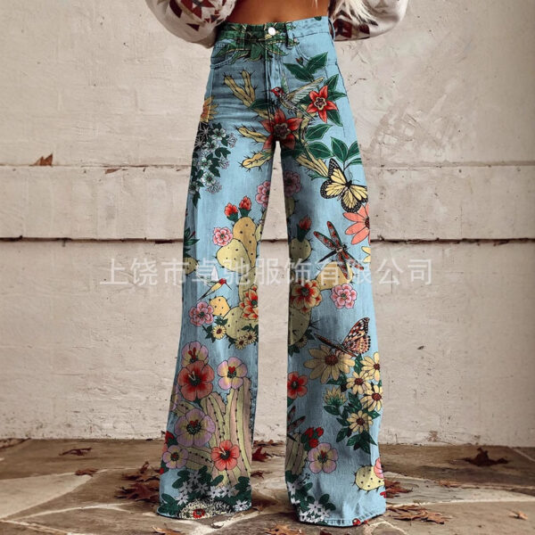 Wholesale plus size Women's Casual Pants Printed Imitation Jeans Wide Leg 3D Fashion Women's Pants