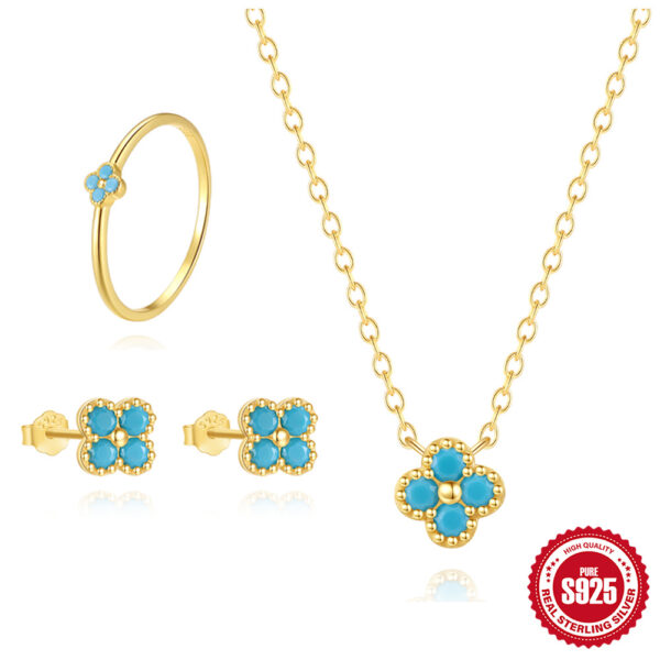 Wholesale Silver petal-set diamond and turquoise necklace, earrings, and ring
