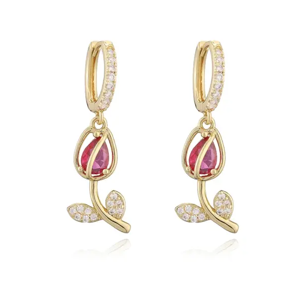 Wholesale Jewelry Elegant Luxurious Shiny Rose Flower Tulips Copper Zircon 18K Gold Plated Plating Inlay Cable Chain Jewelry Set