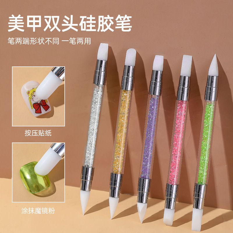 Wholesale Double-headed nail silicone pen sticker pressing stick multifunctional magic mirror powder smear carved glue nail tools