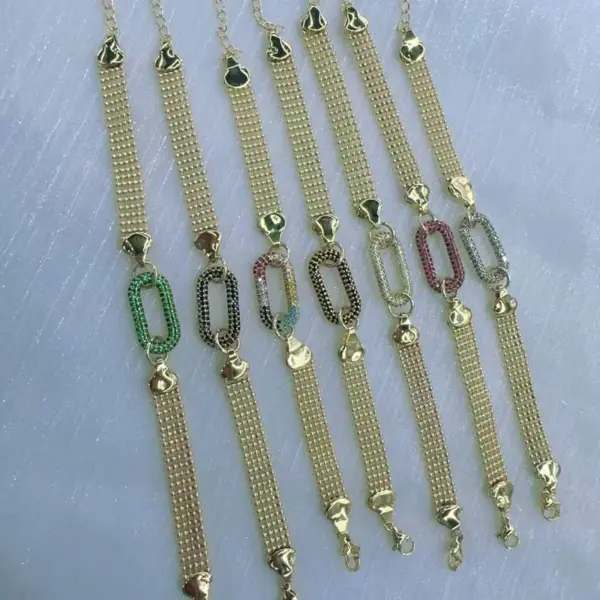 Wholesale Oval Electroplated Copper Bracelet For Women With 18K Real Gold Water Plating And Zircon Inlay, Featuring Round Bead Woven Chain