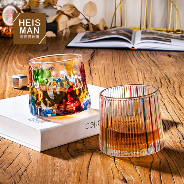 Wholesale Haisman thickened color glass creative rotating whiskey glass hand painted rotating cup with wooden tray decompression Cup