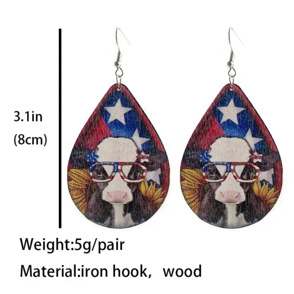 Wholesale Fun Design Wooden Animal Earrings Patriotic Farm Pig Dog Cow Wooden Studs Unique Style Jewelry Accessories