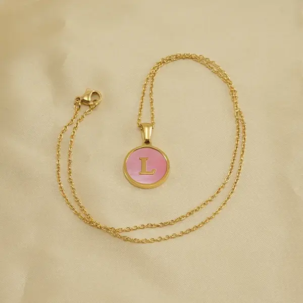 oly-3e9bf8736b47f6bb417ca180693fa011 Wholesale PVD Coated 18K Gold Plated Round Letter 304 Stainless Steel Titanium Steel Fashion Waterproof Non Tarnish 304 Stainless Steel Pendant Necklace
