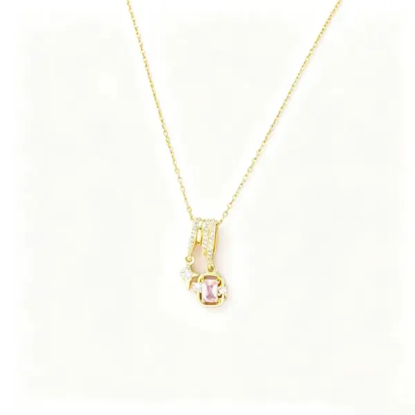 Wholesale Women’s Quadrilateral Pendant Necklace With Inlay Artificial Rhinestones, 18K Real Gold Plated Copper, Water Plating On Cable Chain