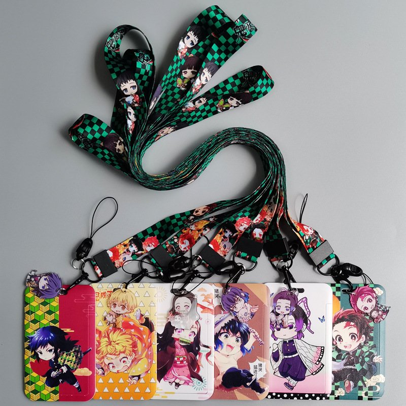 Wholesale Cartoon animation bus card set mobile phone lanyard push fit student campus meal card delivery card work card ghost kill blade