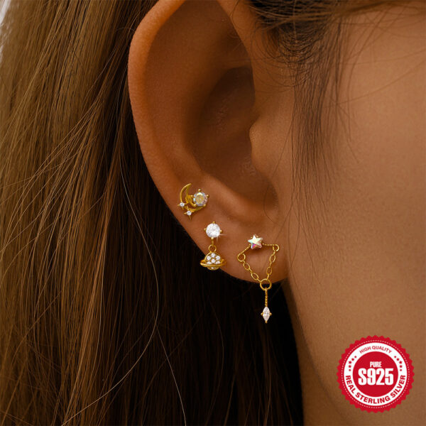Wholesale S925 Sterling Silver Moon and Star Pendant Earrings with Twisted Ball Rivets, Cartilage Studs, Cartilage Piercing Jewelry