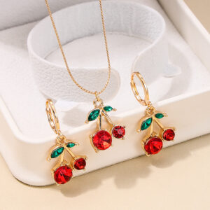 Wholesale 3 Piece Set Summer Sweet Cute Metal Exquisite Red Cherry Women Necklace Earrings Jewelry Suitable for Daily Gifts