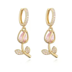 Gold Pink Diamond Tulip Earrings 1 Pair