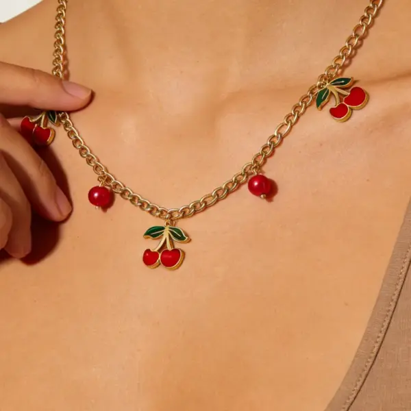 Wholesale Cherry Waterproof Non Tarnish Necklace For Women, 18K Real Gold Plated 304 Stainless Steel With Zircon Inlay And Box Chain