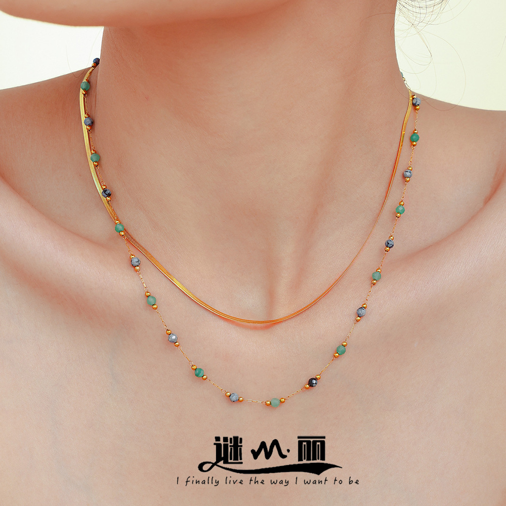Wholesale Titanium Steel Natural Stone Handmade Beaded Double-layer Necklace