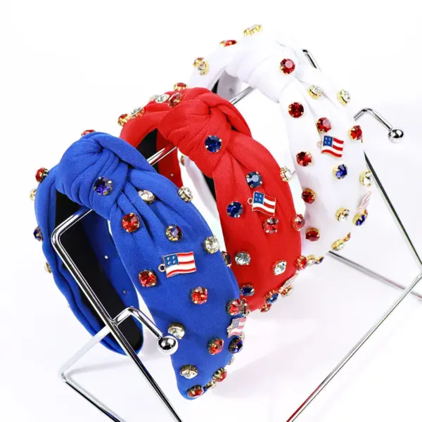 Wholesale Wide-Brimmed American Flag Headband For Women With Diamond-Studded Knot Design, Available In Black, Red, And Blue