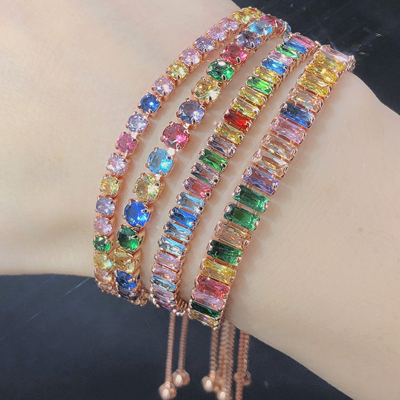 Wholesale European and American Amazon Fashion Colorful birthstone Bracelet Adjustable Diamond Crystal Tennis Bracelet Female Zircon Bracelet