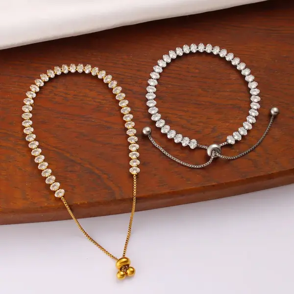 Wholesale Adjustable French Style Full Drill 5mm Oval Zircon Single Row Women's Bracelet Elegant Travel Jewelry Stainless Steel 18K Gold Plated