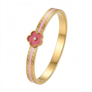 Five-flowered pink glue tape with diamonds / True gold plating in full-body stainless steel furnace