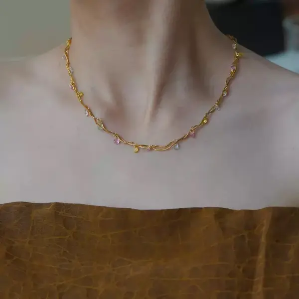 Wholesale French Style Line Wrapped Colorful Zircon Necklace For Women, Collarbone Chain, 304 Stainless Steel Gold-Plated Heart-Shaped Mixed Color Snake Chain