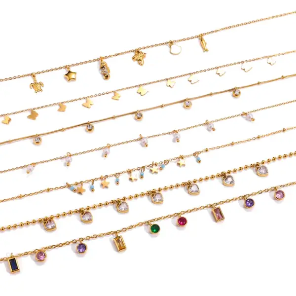 Wholesale Women's Style - Vacation Style / 18K Gold Stainless Steel + Rhinestone / Versatile Colored Diamond Pendant Necklace 40+5CM