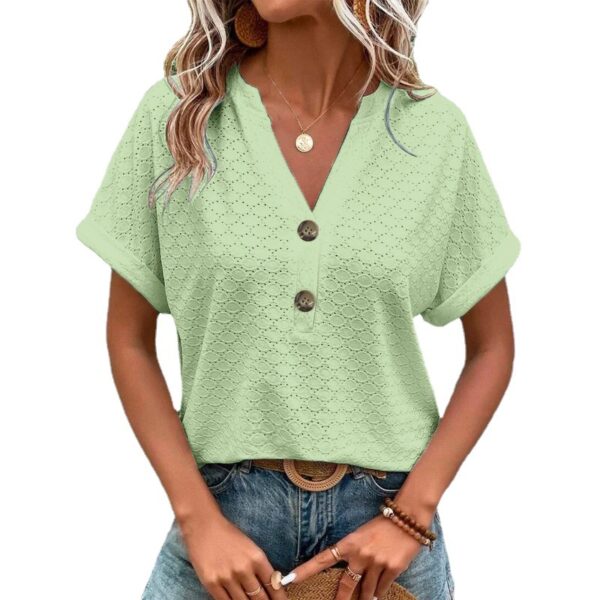 Wholesale spring and summer women’s fashion casual solid color button V-neck T-shirt women
