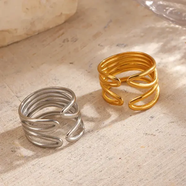 Wholesale Ion Plating (IP) 18K Gold Plated Lines 304 Stainless Steel Casual Hip-Hop Rock Waterproof Non Tarnish Open Rings - Nihaojewelry