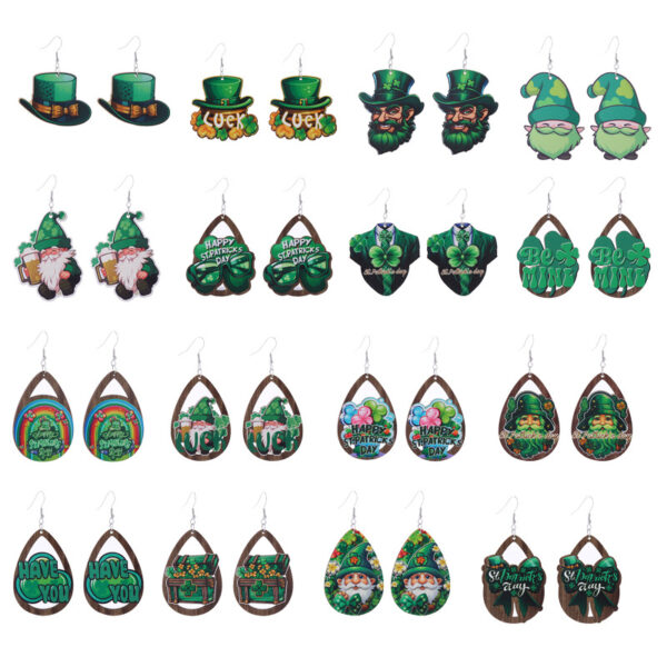 oly-4132baa96acb246a957eabbe98760f4f Wholesale st. Parcret festival earrings Green lucky grass rainbow hat beard Irish wooden earrings tide