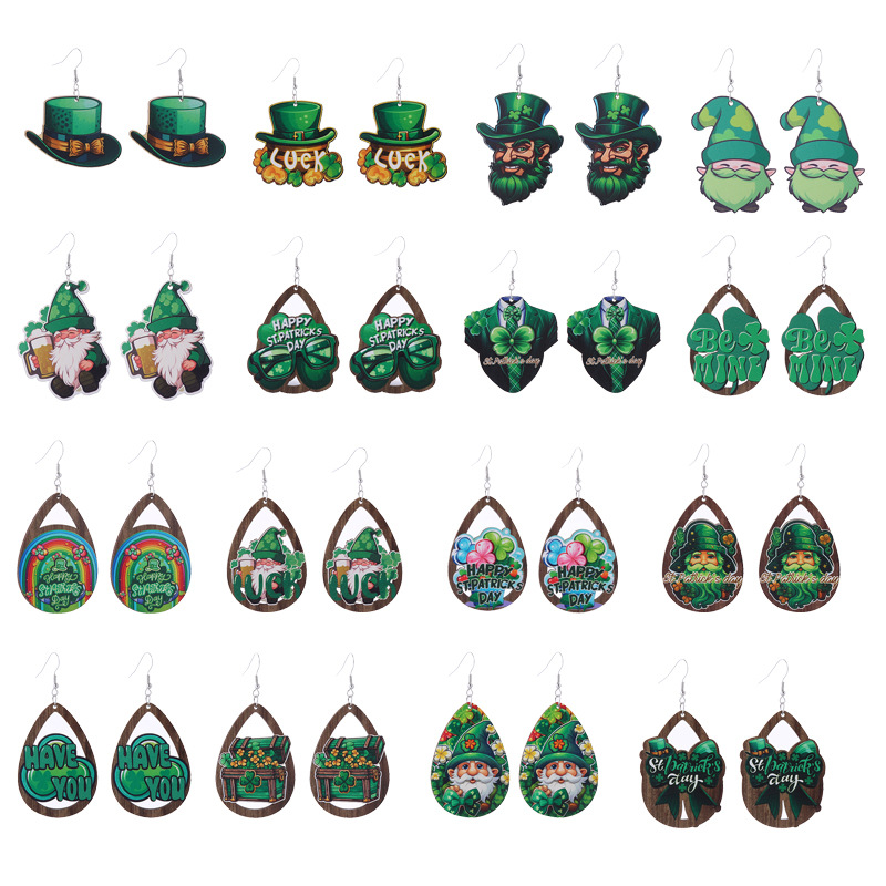 Wholesale European and American st. Parcret festival earrings Green lucky grass rainbow hat beard Irish wooden earrings tide