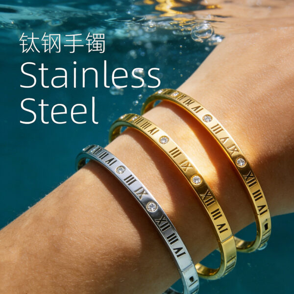 oly-417e45f89e20fc0a17d2b1f6ab8f39b5 Wholesale Waterproof and environmentally friendly stainless steel bracelet with zircon, colorfast, vacuum-plated 304 Roman numeral titanium steel bracelet