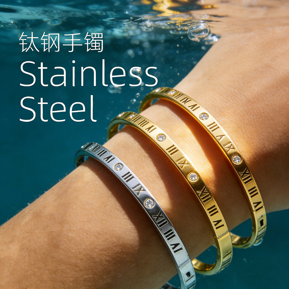 Wholesale Waterproof and environmentally friendly stainless steel bracelet with zircon, colorfast, vacuum-plated 304 Roman numeral titanium steel brac