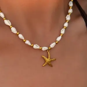 Wholesale Sweet Summer Vacation Style Stainless Steel Starfish Necklace Bracelet Set Unisex Sea Shell Chain Jewelry Accessories