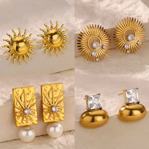 Wholesale Elegant Pearl Imitation Earrings For Women Gold Stainless Steel Sun Pattern Geometric Zirconia Embedded Jewelry Accessories